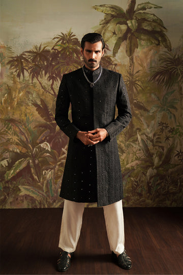 "Dar" Black Embroidered Sherwani